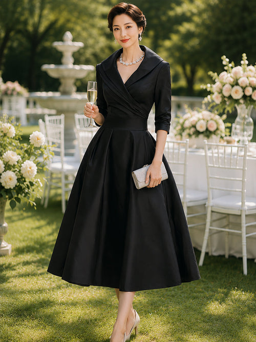 Vintage-Inspired Satin Midi Dress | Elegant Formal Dress with Draped Collar for Timeless Style