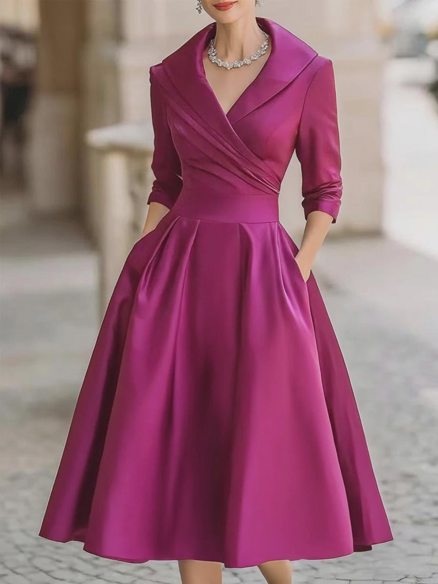 Vintage-Inspired Satin Midi Dress | Elegant Formal Dress with Draped Collar for Timeless Style