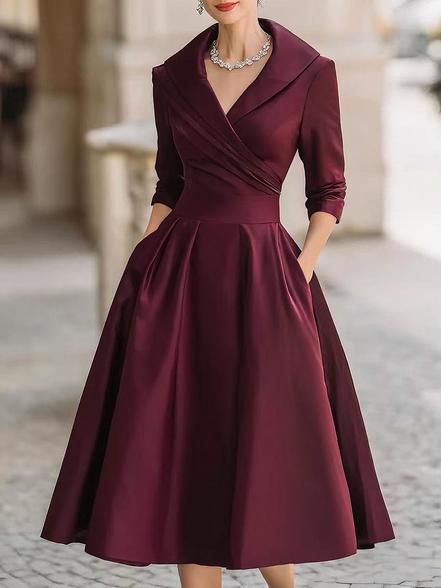 Vintage-Inspired Satin Midi Dress | Elegant Formal Dress with Draped Collar for Timeless Style