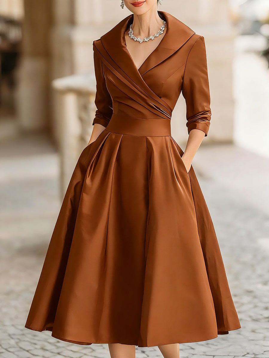 Vintage-Inspired Satin Midi Dress | Elegant Formal Dress with Draped Collar for Timeless Style