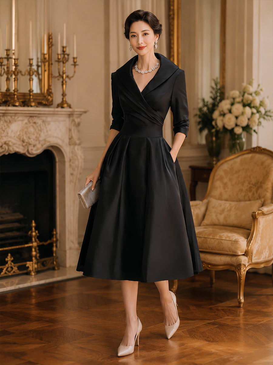Vintage-Inspired Satin Midi Dress | Elegant Formal Dress with Draped Collar for Timeless Style