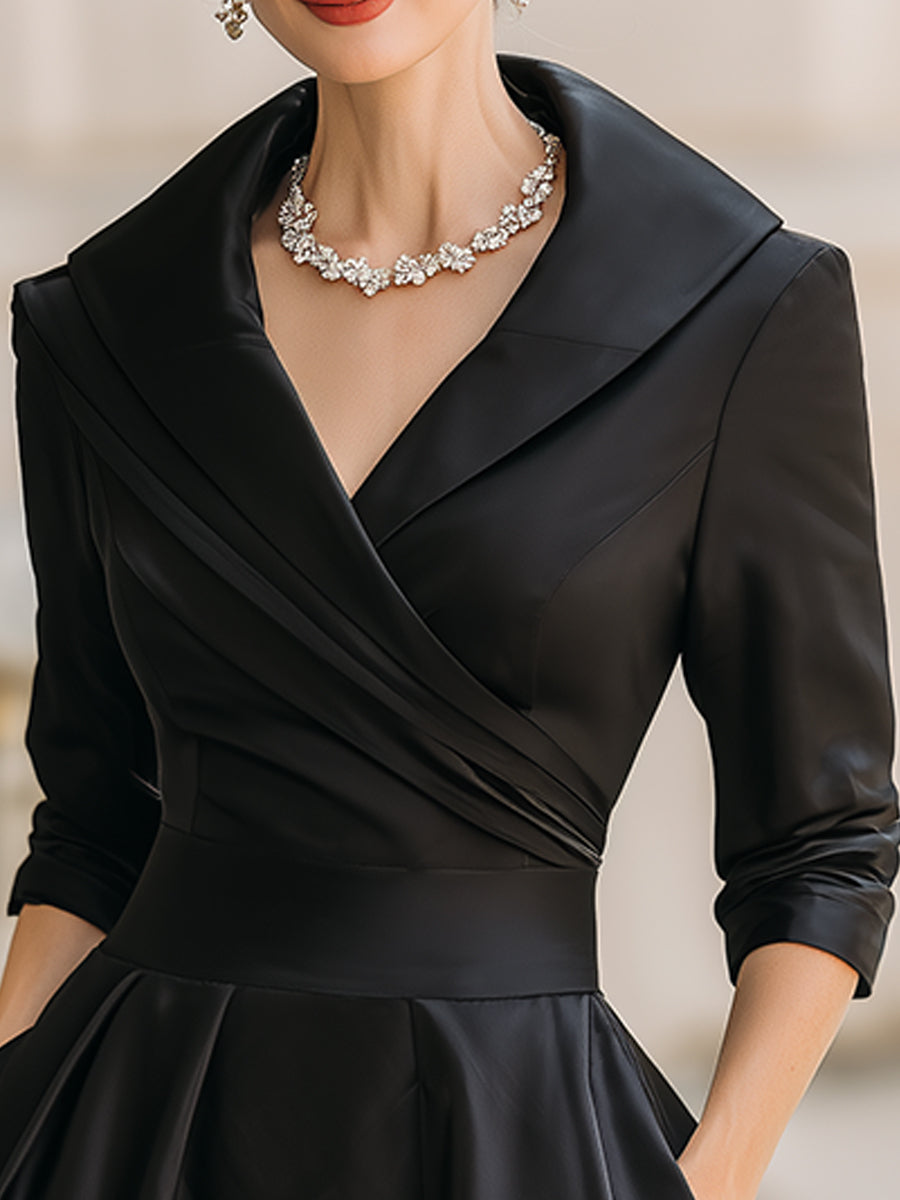 Vintage-Inspired Satin Midi Dress | Elegant Formal Dress with Draped Collar for Timeless Style