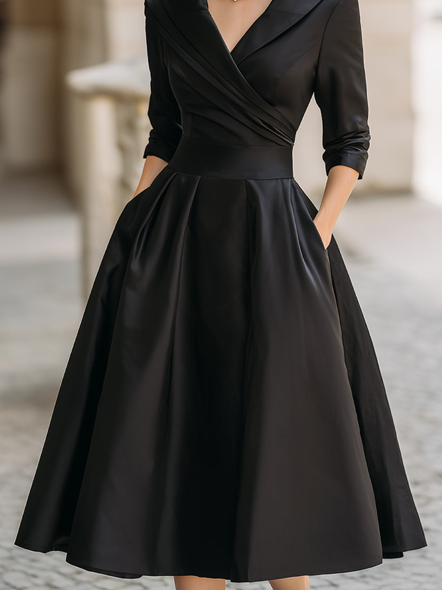 Vintage-Inspired Satin Midi Dress | Elegant Formal Dress with Draped Collar for Timeless Style