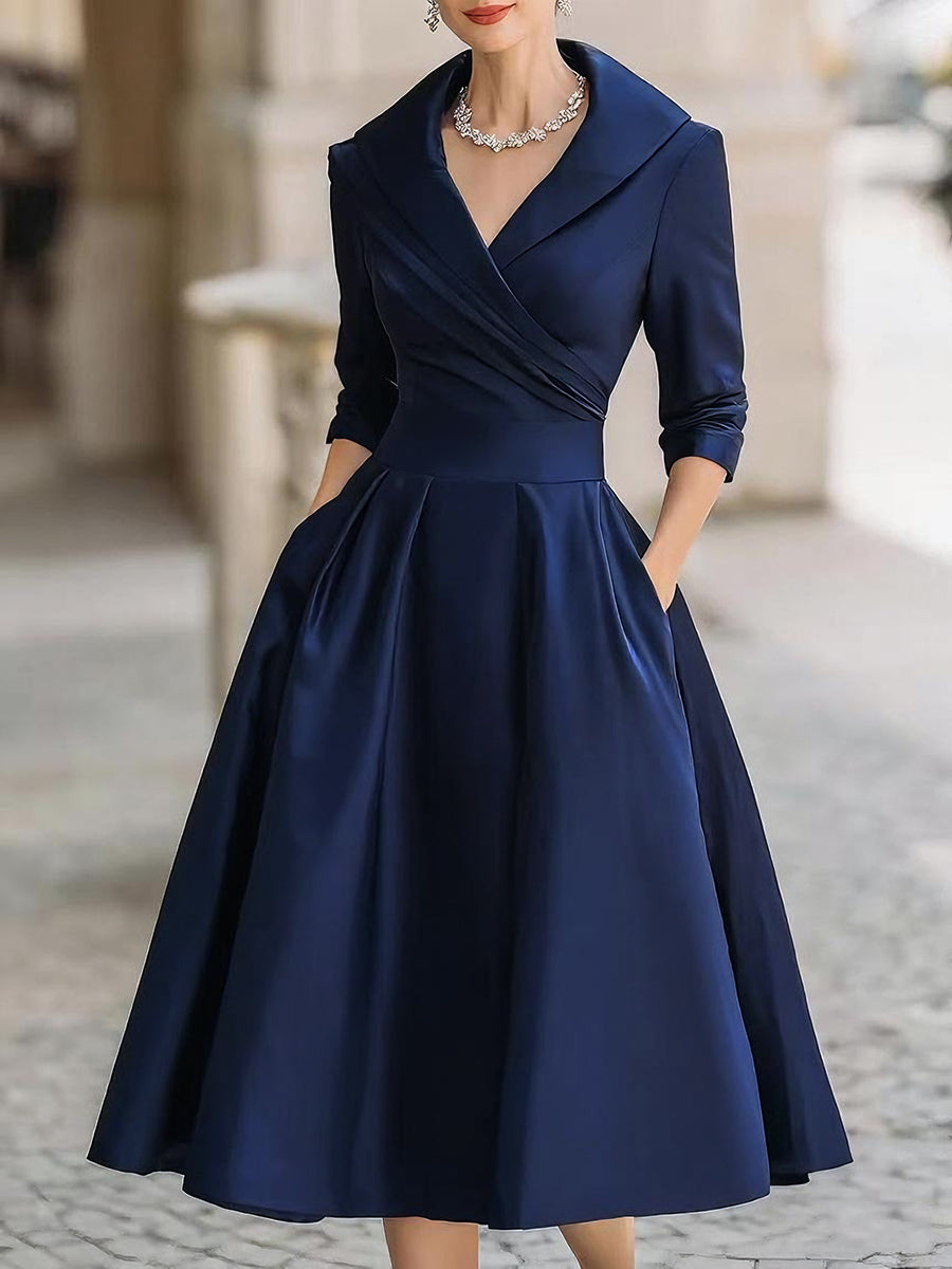 Vintage-Inspired Satin Midi Dress | Elegant Formal Dress with Draped Collar for Timeless Style