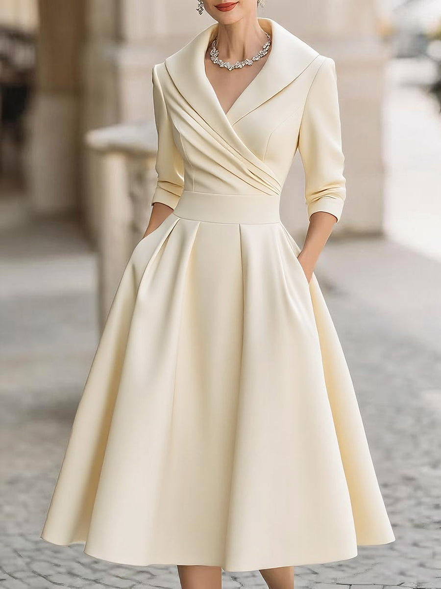 Vintage-Inspired Satin Midi Dress | Elegant Formal Dress with Draped Collar for Timeless Style