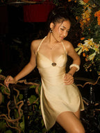 Women's Gold Satin Braided Halter Mini Dress with Shell Brooch Detail – Sexy Y2K Vintage Inspired Party Club Night Out Dress