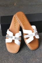 Women's Denim Slip-On Flat Sandals in White with Cushioned Sole for All-Day Comfort
