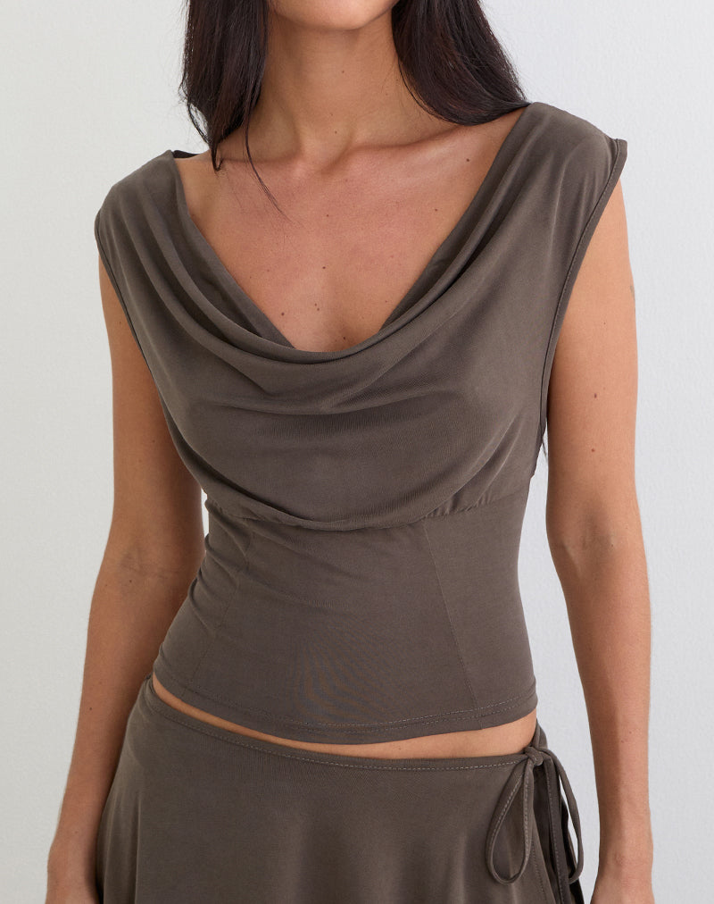 Women's Shift Midi Dress with Cowl Neckline in Brown for Everyday Wear