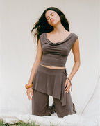 Women's Shift Midi Dress with Cowl Neckline in Brown for Everyday Wear