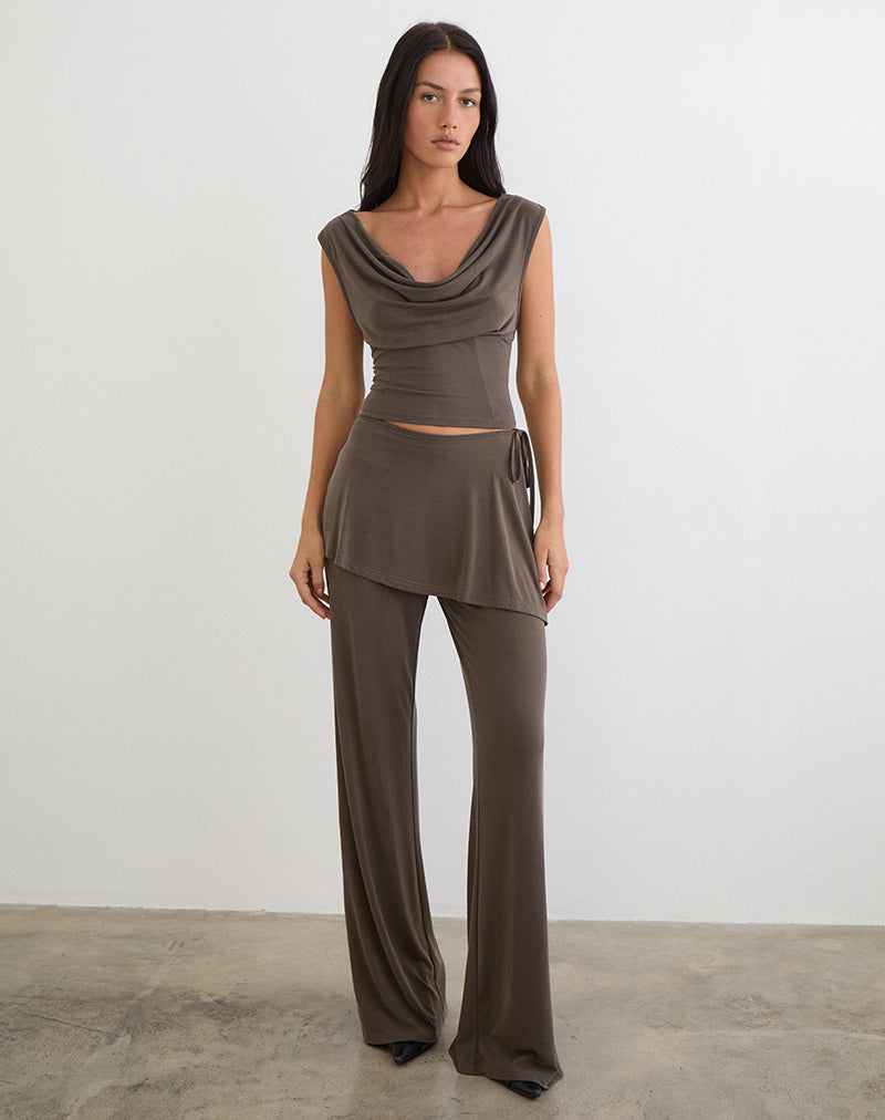 Women's Shift Midi Dress with Cowl Neckline in Brown for Everyday Wear