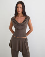 Women's Shift Midi Dress with Cowl Neckline in Brown for Everyday Wear