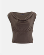 Women's Shift Midi Dress with Cowl Neckline in Brown for Everyday Wear