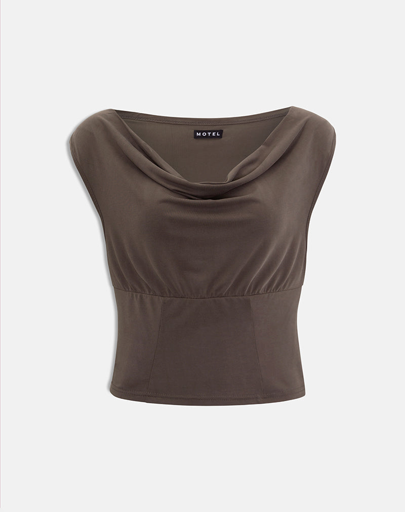 Women's Shift Midi Dress with Cowl Neckline in Brown for Everyday Wear