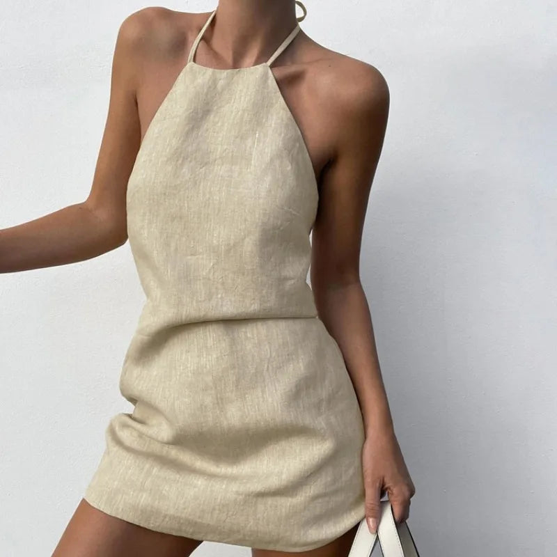 Women's Natural Linen Halter Neck Backless Bodycon Mini Dress – Minimalist Chic Summer Resort Beach Holiday Casual Dress