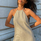 Women's Natural Linen Halter Neck Backless Bodycon Mini Dress – Minimalist Chic Summer Resort Beach Holiday Casual Dress