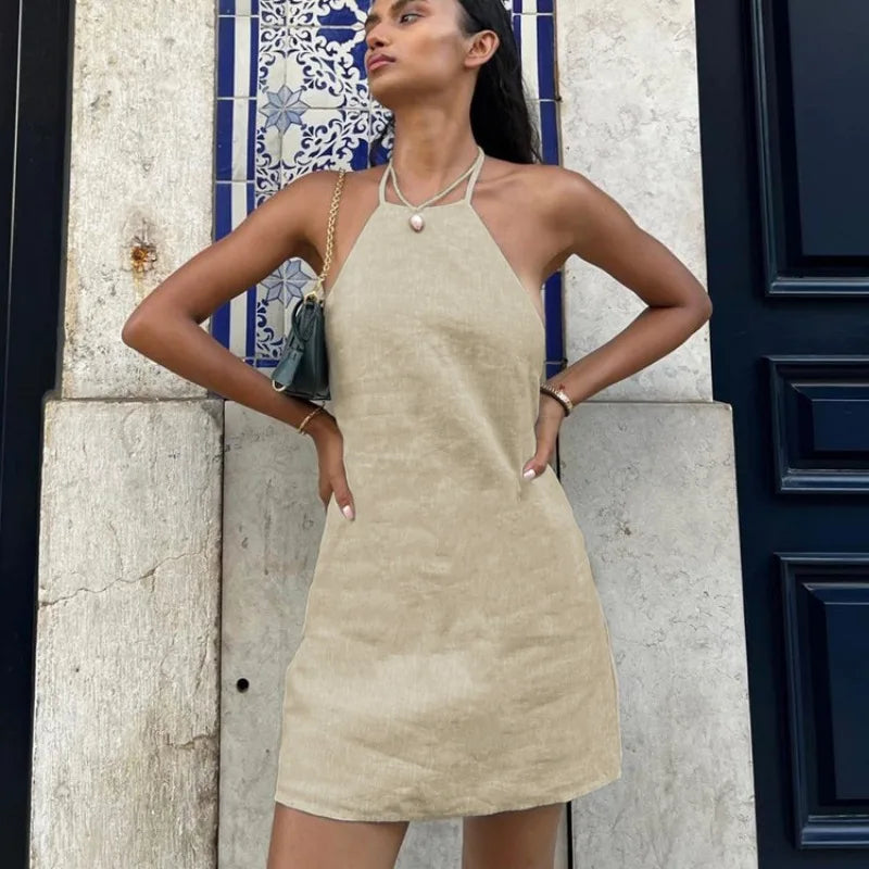 Women's Natural Linen Halter Neck Backless Bodycon Mini Dress – Minimalist Chic Summer Resort Beach Holiday Casual Dress