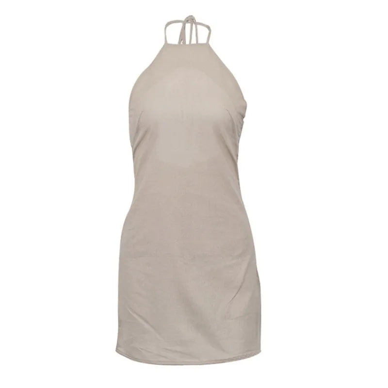 Women's Natural Linen Halter Neck Backless Bodycon Mini Dress – Minimalist Chic Summer Resort Beach Holiday Casual Dress