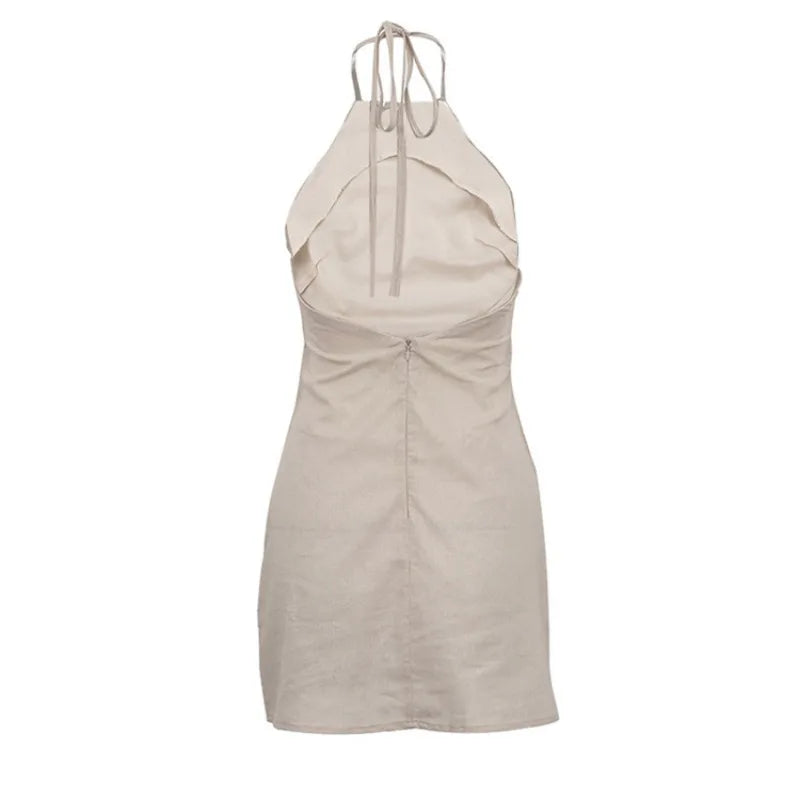 Women's Natural Linen Halter Neck Backless Bodycon Mini Dress – Minimalist Chic Summer Resort Beach Holiday Casual Dress