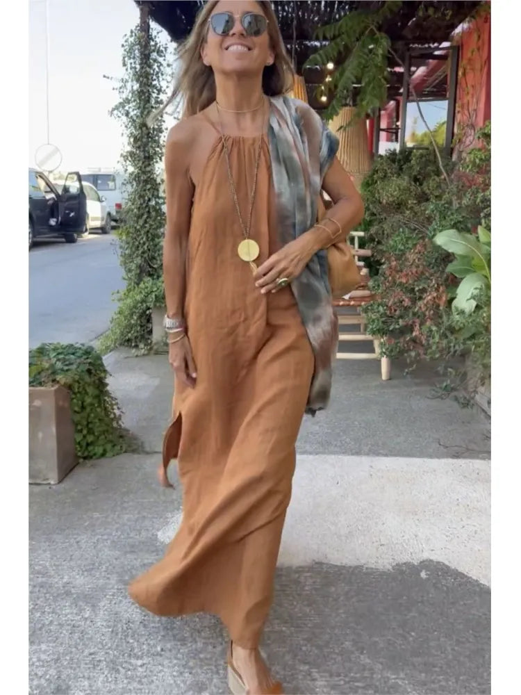 Women's Linen Halter Neck Relaxed Maxi Dress – Effortless Chic Summer Resort Casual Everyday Sundress