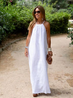 Women's Linen Halter Neck Relaxed Maxi Dress – Effortless Chic Summer Resort Casual Everyday Sundress
