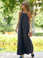 Women's Linen Halter Neck Relaxed Maxi Dress – Effortless Chic Summer Resort Casual Everyday Sundress
