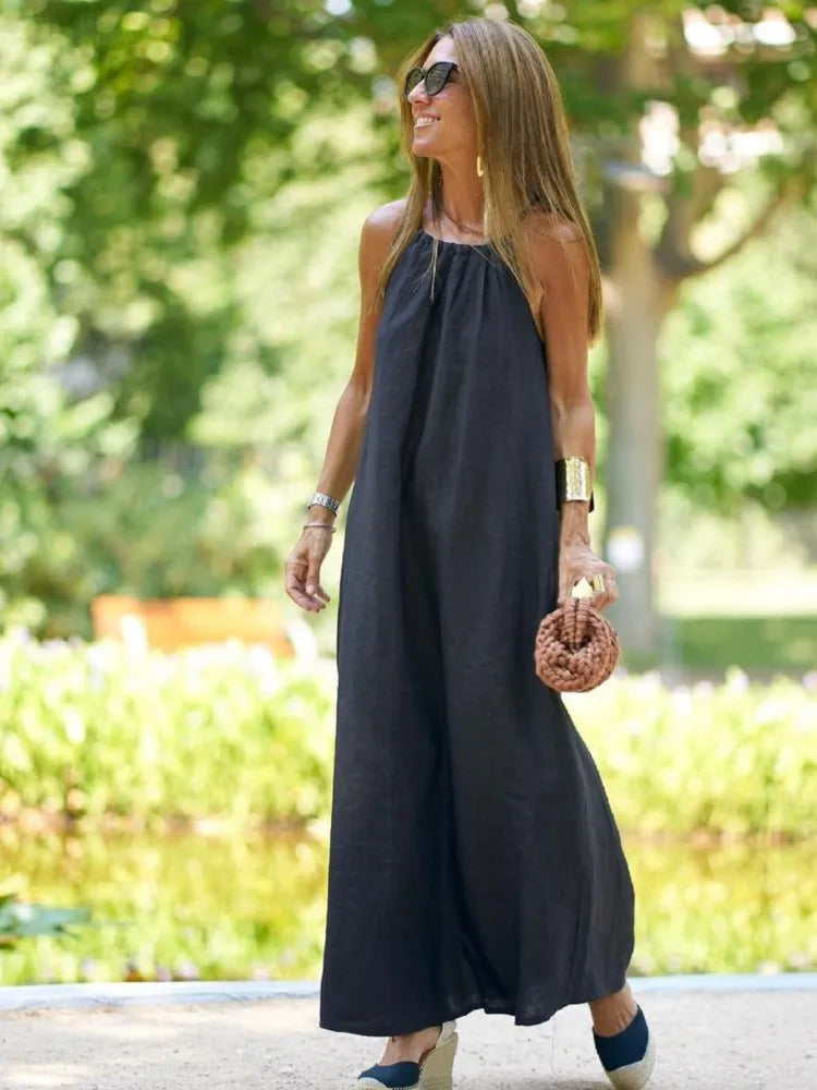 Women's Linen Halter Neck Relaxed Maxi Dress – Effortless Chic Summer Resort Casual Everyday Sundress