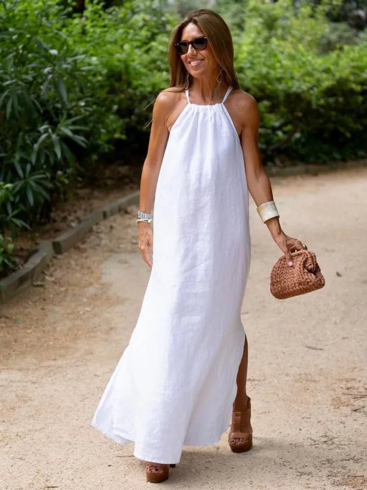 Women's Linen Halter Neck Relaxed Maxi Dress – Effortless Chic Summer Resort Casual Everyday Sundress