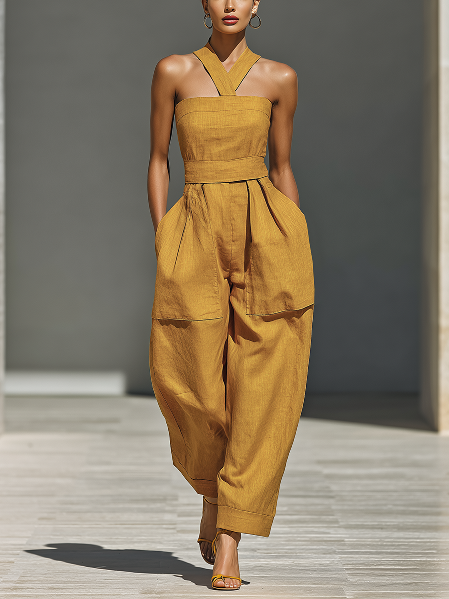 Breathable Linen Crossover-Neck Jumpsuit | Day-to-Night Style