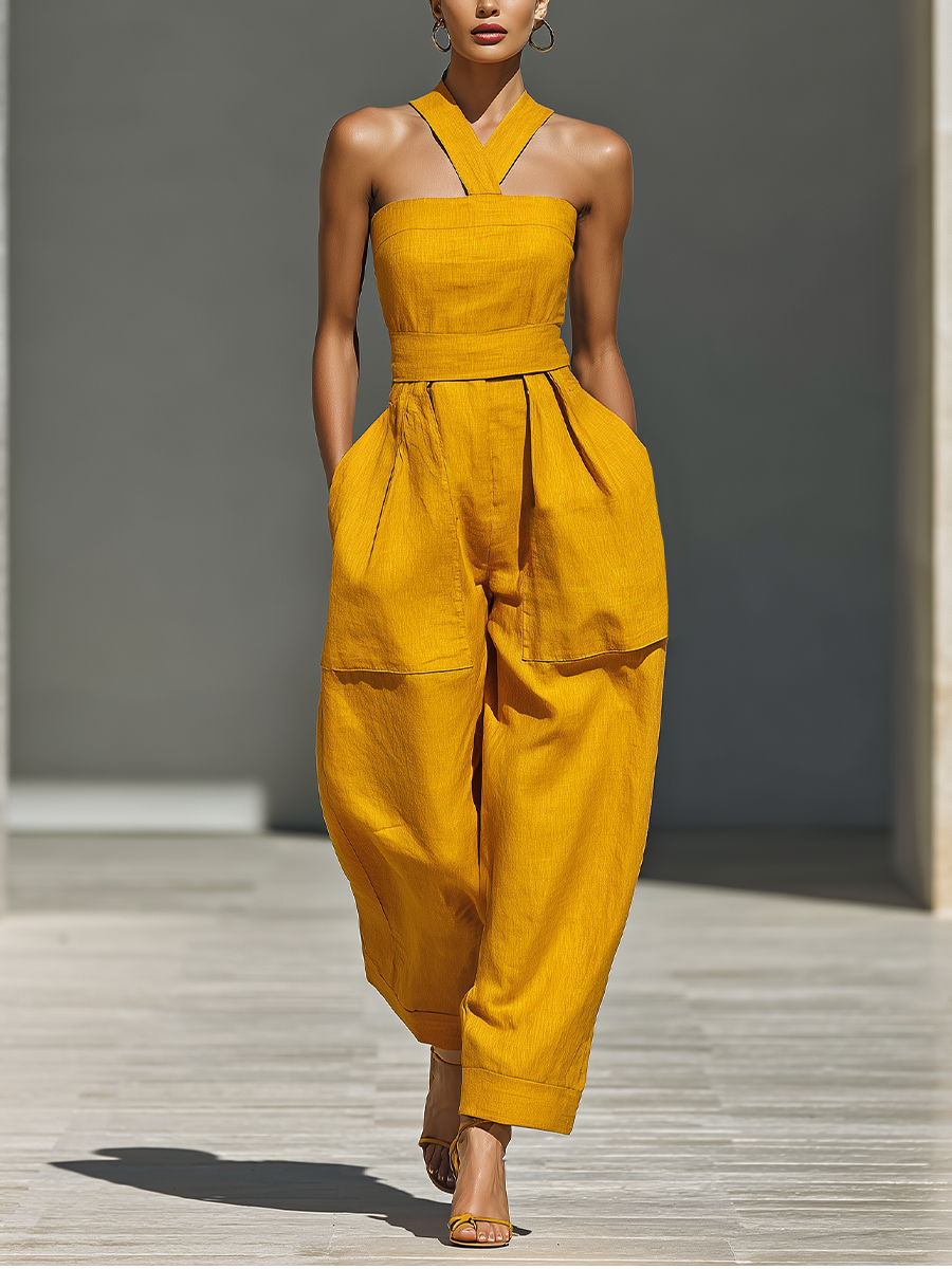 Breathable Linen Crossover-Neck Jumpsuit | Day-to-Night Style