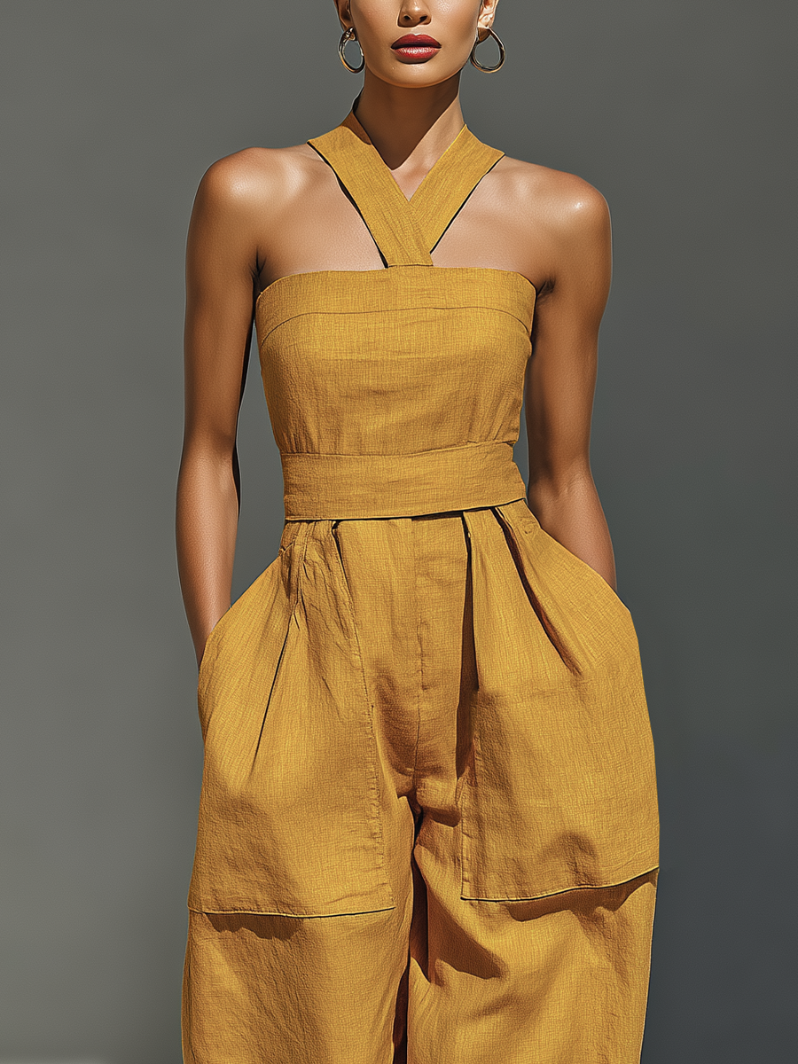 Breathable Linen Crossover-Neck Jumpsuit | Day-to-Night Style