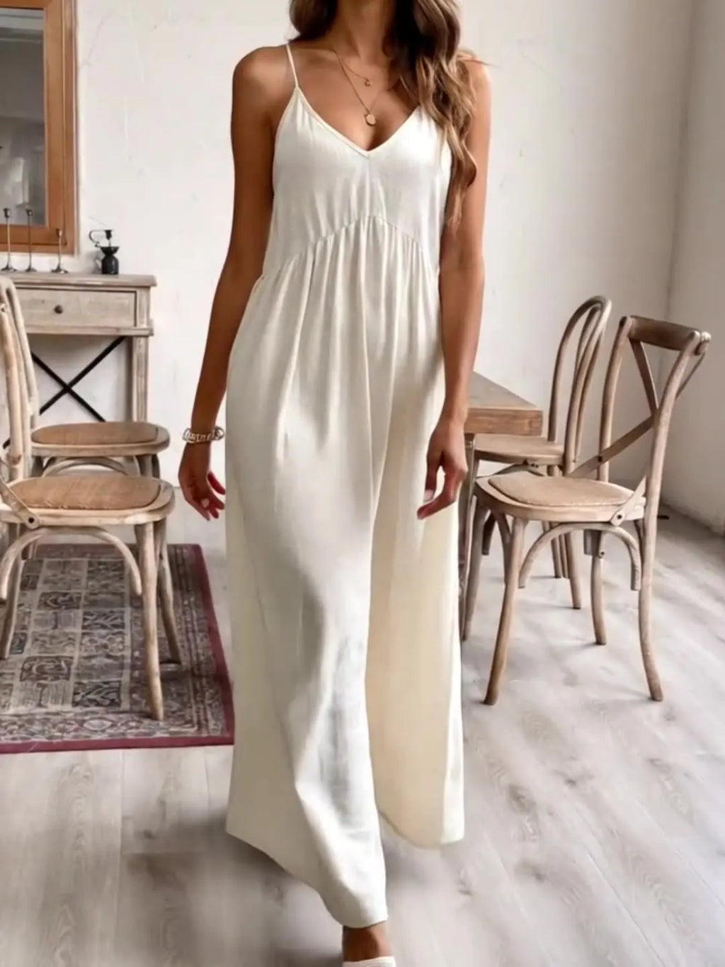 Women's White Satin V-Neck Spaghetti Strap Wide Leg Jumpsuit – Elegant Backless Summer Bridal Resort One-Piece Outfit