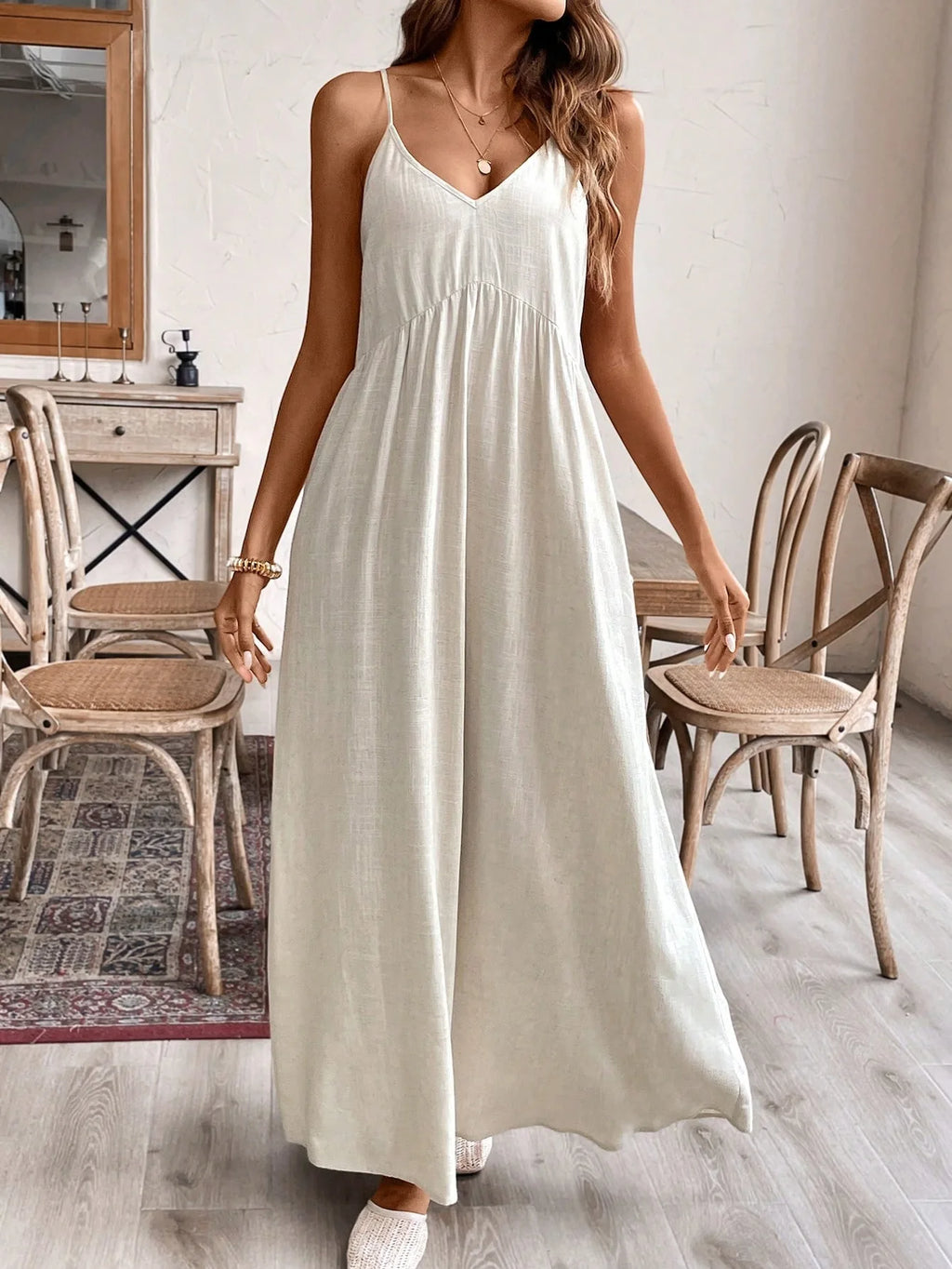 Women's White Satin V-Neck Spaghetti Strap Wide Leg Jumpsuit – Elegant Backless Summer Bridal Resort One-Piece Outfit