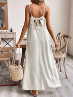 Women's White Satin V-Neck Spaghetti Strap Wide Leg Jumpsuit – Elegant Backless Summer Bridal Resort One-Piece Outfit