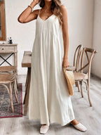 Women's White Satin V-Neck Spaghetti Strap Wide Leg Jumpsuit – Elegant Backless Summer Bridal Resort One-Piece Outfit