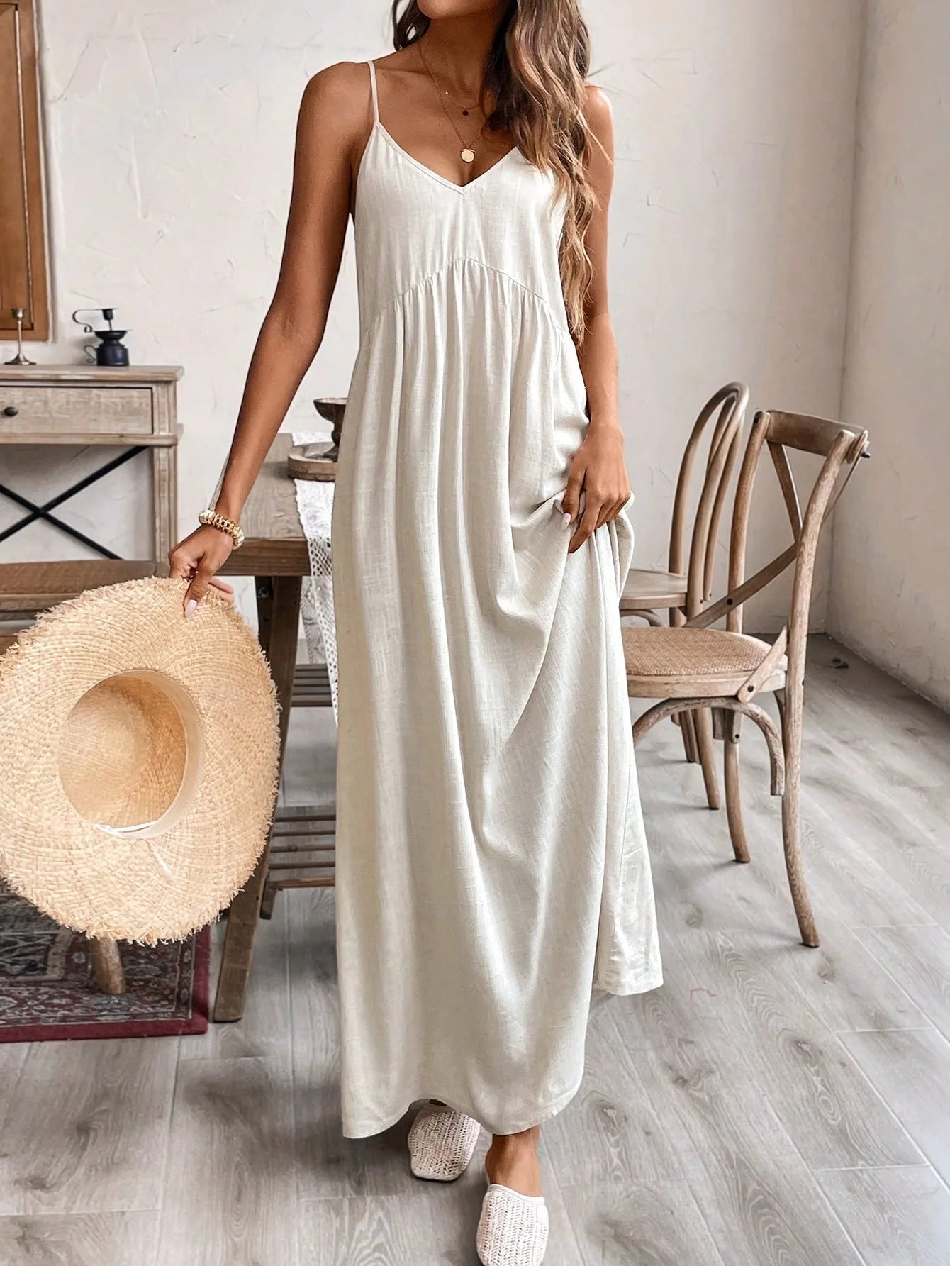 Women's White Satin V-Neck Spaghetti Strap Wide Leg Jumpsuit – Elegant Backless Summer Bridal Resort One-Piece Outfit