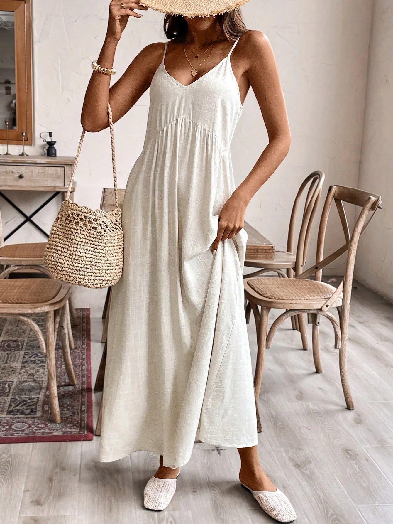 Women's White Satin V-Neck Spaghetti Strap Wide Leg Jumpsuit – Elegant Backless Summer Bridal Resort One-Piece Outfit