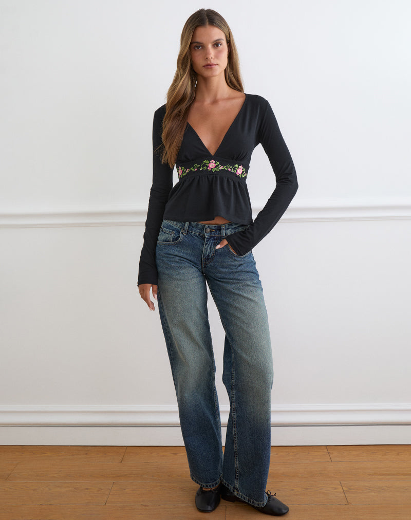 Women's Stretch Lycra Long Sleeve Flowy Top with V-Neckline in Black for Everyday Wear