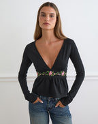 Women's Stretch Lycra Long Sleeve Flowy Top with V-Neckline in Black for Everyday Wear