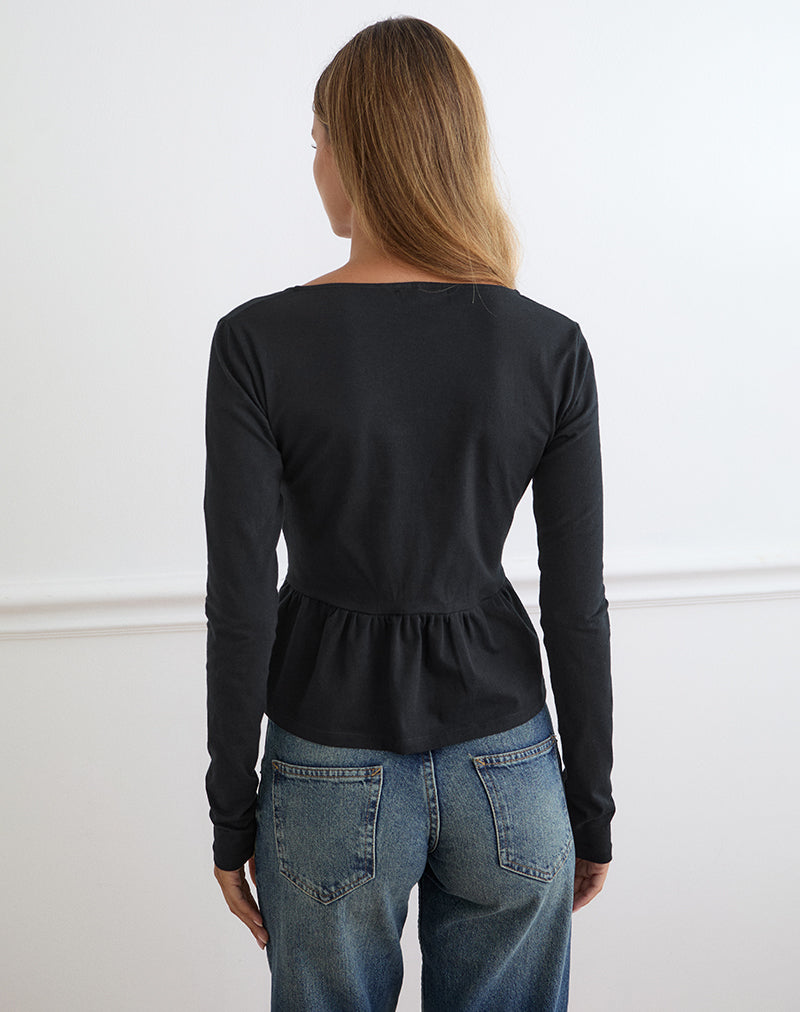 Women's Stretch Lycra Long Sleeve Flowy Top with V-Neckline in Black for Everyday Wear