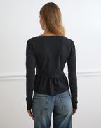 Women's Stretch Lycra Long Sleeve Flowy Top with V-Neckline in Black for Everyday Wear