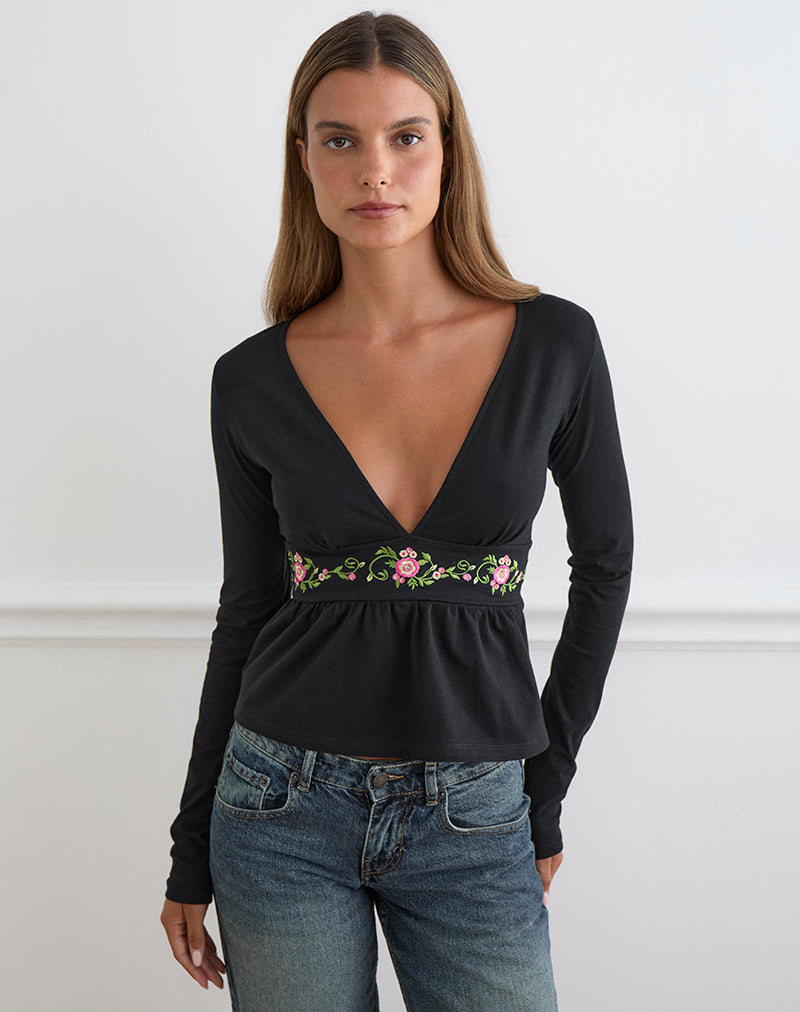 Women's Stretch Lycra Long Sleeve Flowy Top with V-Neckline in Black for Everyday Wear