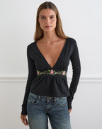 Women's Stretch Lycra Long Sleeve Flowy Top with V-Neckline in Black for Everyday Wear