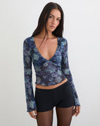 Women's Sheer Mesh Long Sleeve Top in Blue for Everyday Wear