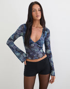 Women's Sheer Mesh Long Sleeve Top in Blue for Everyday Wear