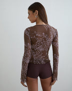 Women's Sheer Mesh Long Sleeve Top in Brown for Everyday Wear