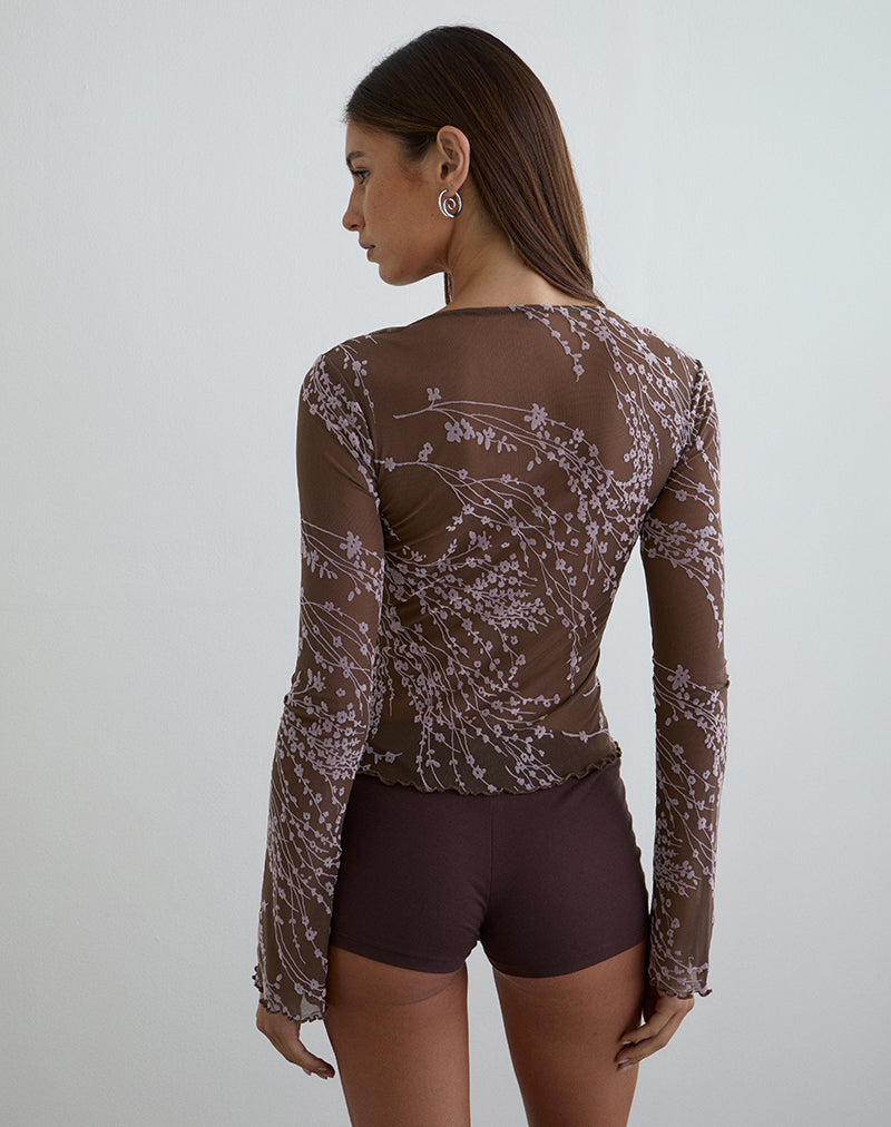 Women's Sheer Mesh Long Sleeve Top in Brown for Everyday Wear