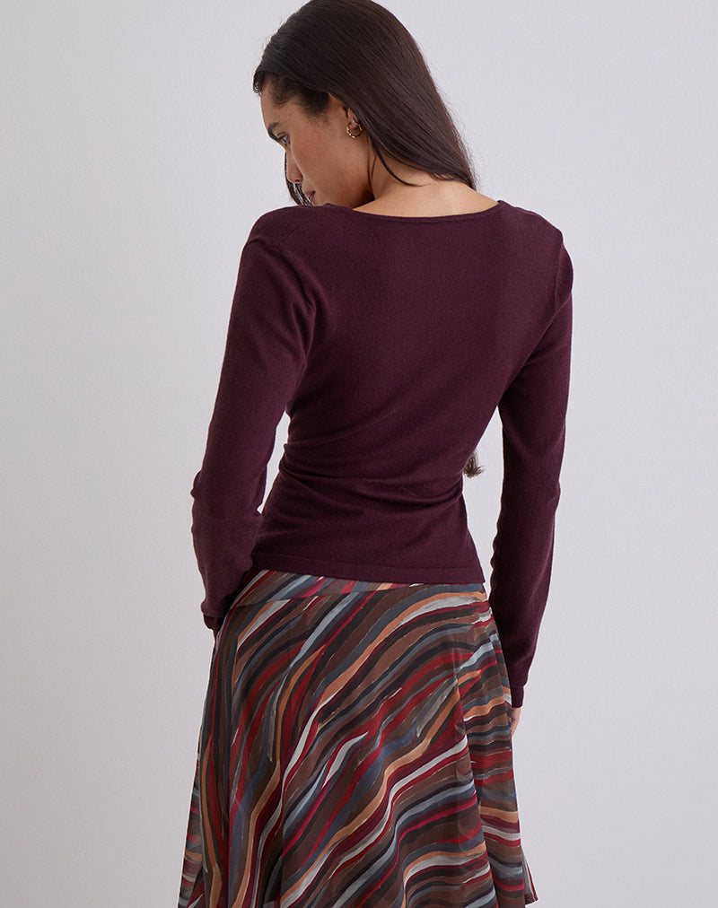 Women's Knit Shift Fitted Midi Dress with V-Neckline in Plum for Everyday Wear