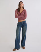 Women's Cotton Long Sleeve Bodycon Top with Scoop Neckline in Burgundy for Everyday Wear
