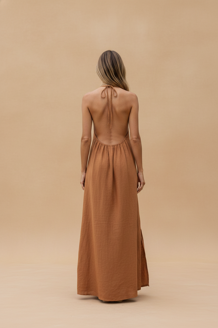 Women's Linen Halter Neck Relaxed Maxi Dress – Effortless Chic Summer Resort Casual Everyday Sundress