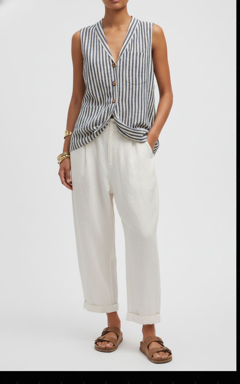Women's Linen Shift Slim Midi Dress in Stripe for the Office